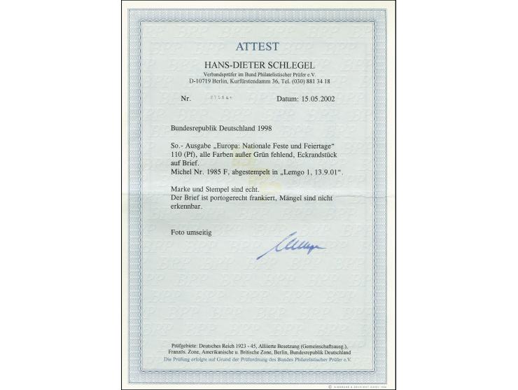 1998, CEPT 110 Pfg. mit Abart "alle Farben außer Grün fehlend" aus der linken oberen Kleinbogenecke auf Ortsbrief aus "LEMGO 