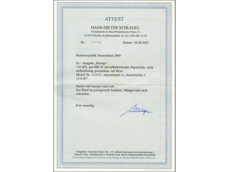 2000, CEPT 110 Pfg. ungestanzt aus Markenheftchen auf Ortsbrief aus "SAARBRÜCKEN 12.8.00", Fotoattest D. Schlegel BPP (2002)
