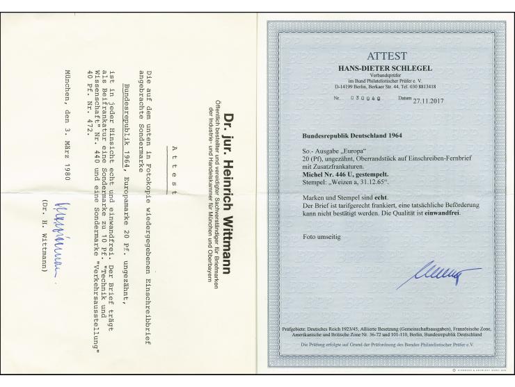 1964, Europa 20 Pfg., ungezähntes Oberrandstück mit Zufrankatur mit Stempel "WEIZEN 31.12.65" auf portogerechtem R-Brief nach