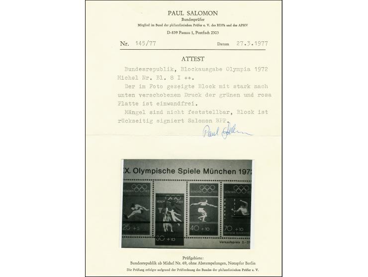 1972, Olympische Sommerspiele Blockausgabe, 30 Pfg. Wert ca. 7mm tieferstehend, postfrisch, tadellos, sign. Salomon BPP und F