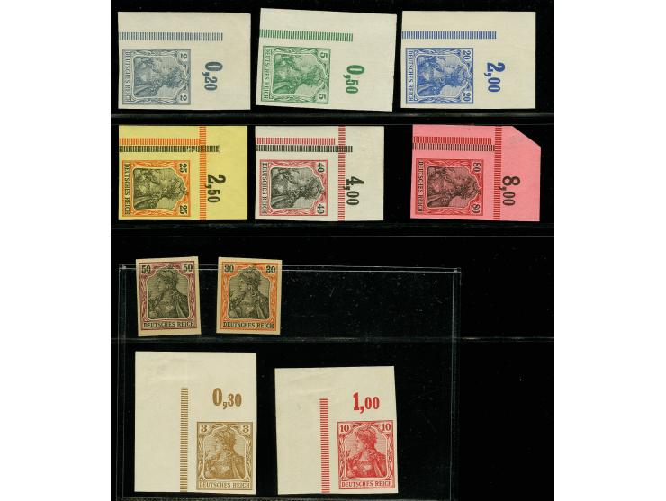 1902, Germania 2-80 Pfennig ungezähnt, bis auf 30 und 50 Pfennig aus der linken oberen Bogenecke, postfrisch bzw. teils Falzr