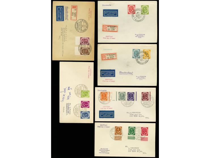 1951, Posthorn 2-90 Pfg. auf insgesamt 6 Erstagsbriefen bzw. Karten, dabei der Umschlag mit 2,5 und 30 Pfg. (nachträglich) mi