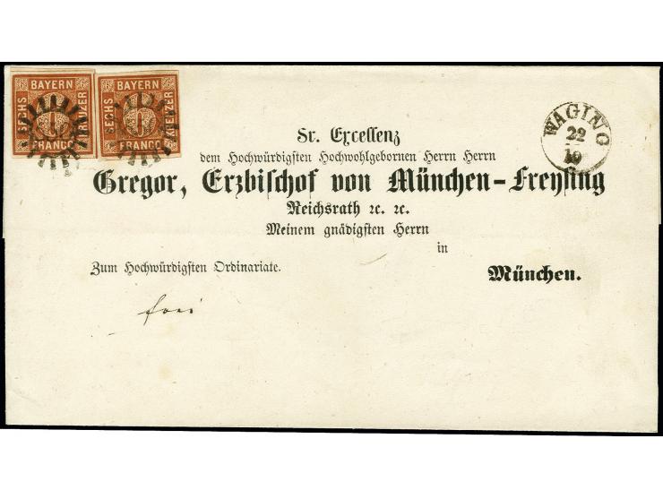 1858, 6 Kr. braun, 2 Einzelwerte, beide voll- bis breitrandig mit gMR "550" und nebengesetztem Fingerhutstempel "WAGING 22/10