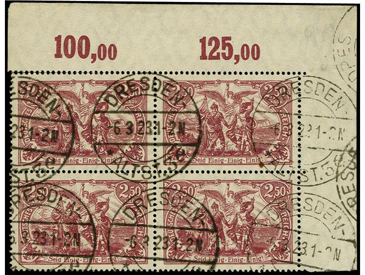 2,50 M. schwärzlichgraulila im Viererblock aus der rechten oberen Bogenecke,  sehr sauber gestempelt, die obere Zahnreihe ist