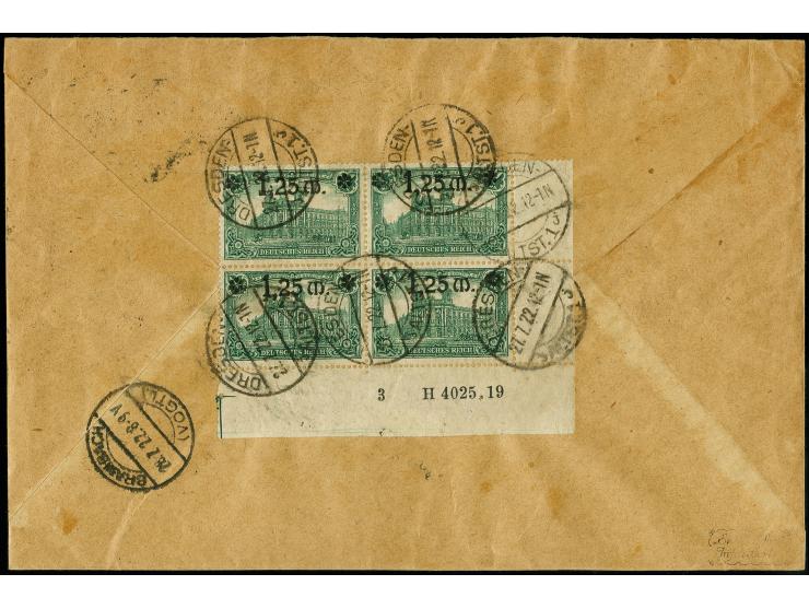 1,25 M. auf 1 M. dunkelgrün im Viererblock aus der rechten unteren Bogenecke mit HAN "H 4025.19" als portogerechte Mehrfachfr
