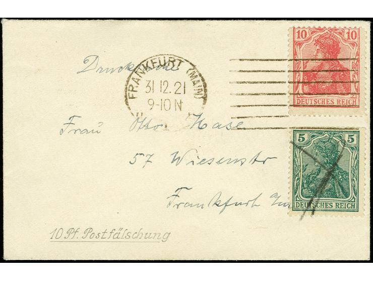 "Chemnitzer Postfälschung" 10 Pfg. rot, Type I und Germania 5 Pfg. grün (Heftchenschnitt oben) als portogerechte Frankatur au