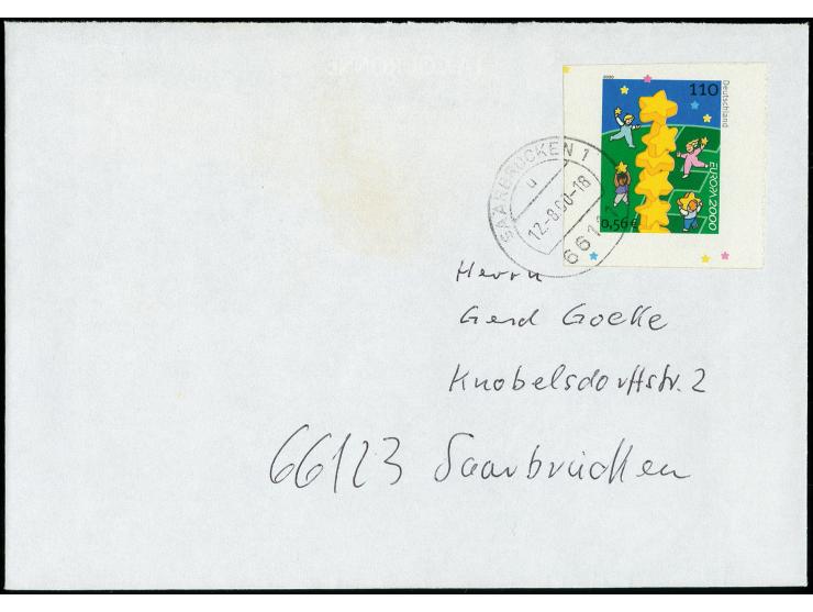 2000, CEPT 110 Pfg. ungestanzt aus Markenheftchen auf Ortsbrief aus "SAARBRÜCKEN 12.8.00", Fotoattest D. Schlegel BPP (2002)