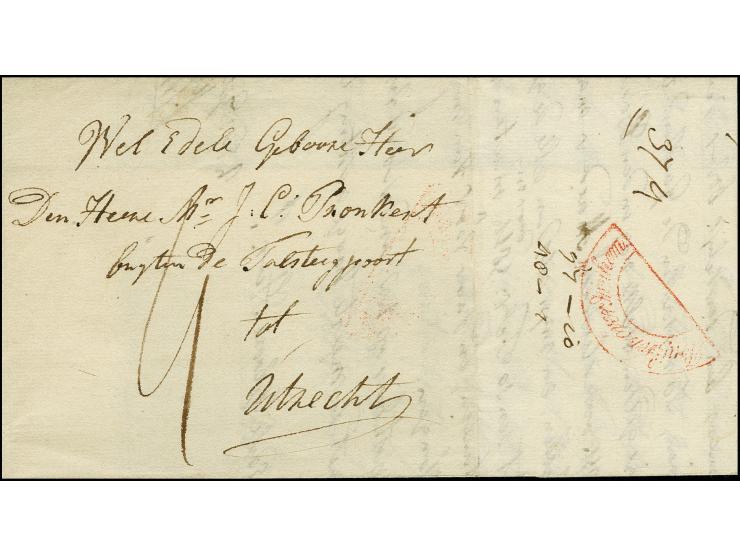 "Pruissen over Arnhem", roter Halbkreisstempel rückseitig auf zwei kpl. Faltbriefen von Libau 1817 via "KÖNIGSBERG PR: 18.FEB