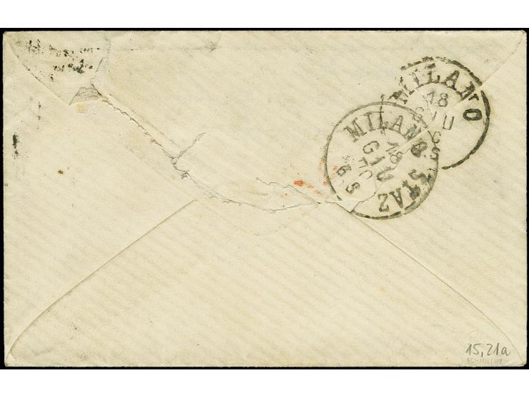 3 Kr. rosa und 7 Kr. ultramarin, beide voll- bis breitrandig mit L2 "MÜNCHEN 17 JUN 1870" auf kleiner Briefhülle nach Mailand