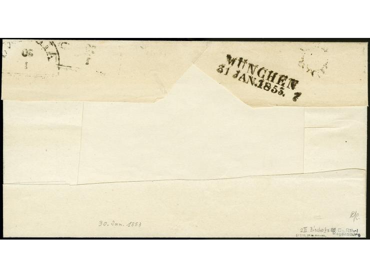 MÜNCHEN: 1853, 3 Kr. blau, Platte 2, allseits breitrandig mit gMR "2" mit nebengesetztem Halbkreis "AIBLING 30 1" auf rücksei