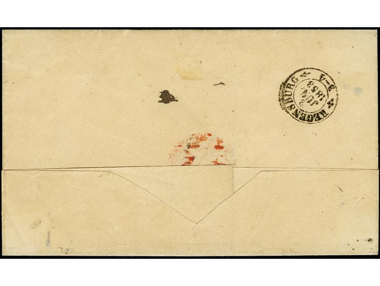 1853, 3 Kr. blau, Platte 2, voll- bis breitrandig mit gMR "235" und nebengesetztem "NEUSTADT a.D. 2/6" auf Chargé-Briefhülle 