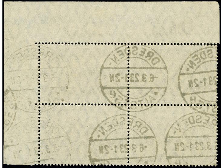 2,50 M. schwärzlichgraulila im Viererblock aus der rechten oberen Bogenecke,  sehr sauber gestempelt, die obere Zahnreihe ist