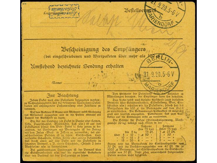 1920, Repräsentantive Darstellungen: 1,25 M. auf 1 M. dunkelgrün als portogerechte Einzelfrankatur auf Paketkarte von "BARUTH