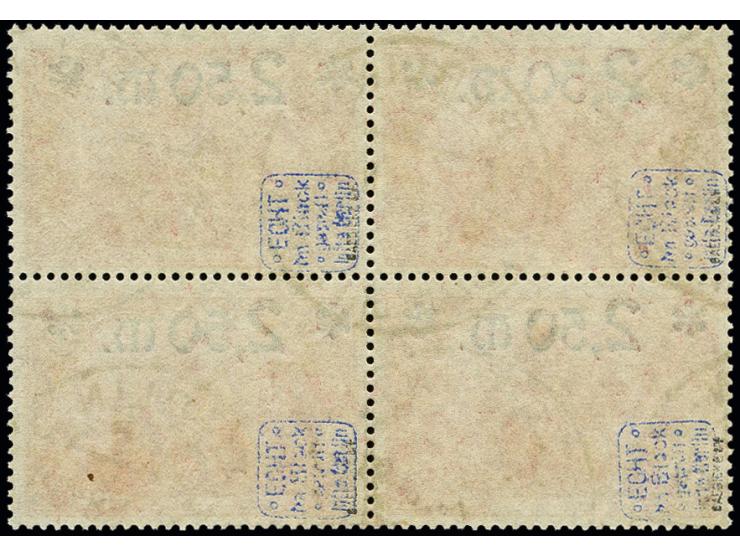 2,50 M. auf 2 M. rosakarmin im Viererblock, sauber gestempelt und in tadelloser Erhaltung, sign. Infla Berlin und Gaedicke BP