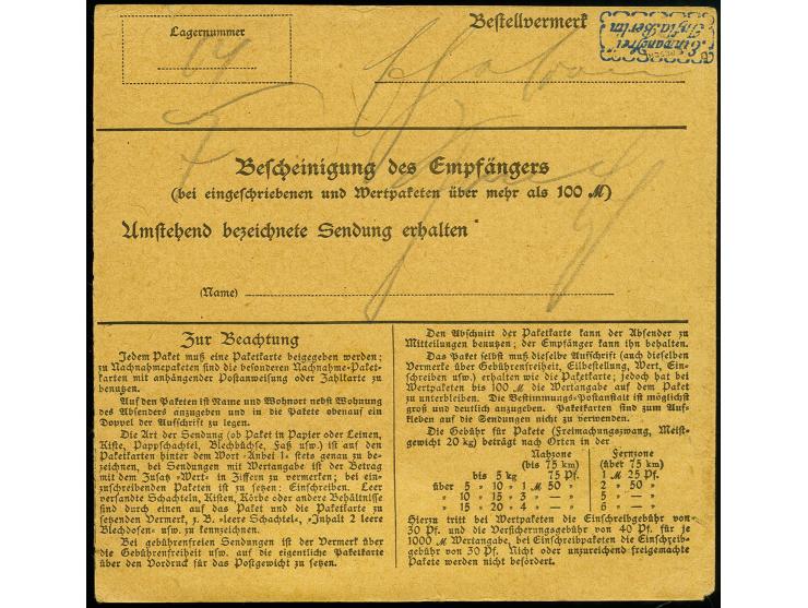 2,50 M. auf 2 M. rosakarmin als portogerechte Einzelfrankatur auf Paketkarte von "BRIESEN 19.7.20 nach Berlin, Marke mit kurz