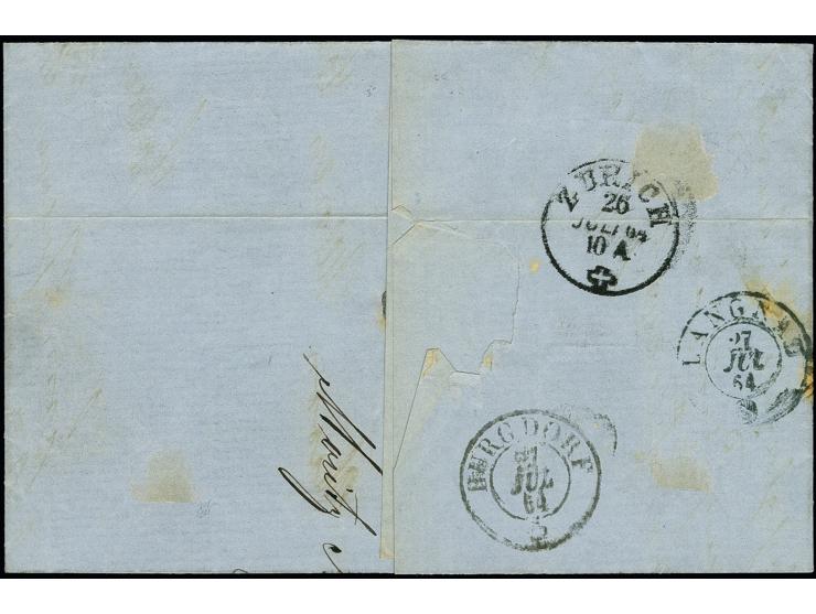 5 Ngr. braunviolett Johann Ganzsachenausschnitt rund geschnitten mit Nr. "45" auf Auslandsbrief mit Ra3 "LÖBAU 25 VII 64" nac