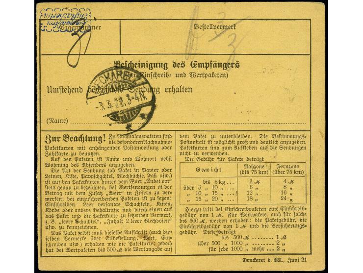 3 M. auf 1 1/4 M. karminrot/dunkelkarminlila, senkrechtes Paar und Einzelwert je mit Stempel "ULM a.D. BAHNHOF 2.MRZ.22" als 