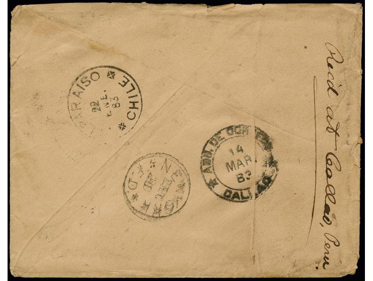 "ADM DE CORREOS CALLAO 14 MAR. 83", arrival mark during Chilean occupation on reverse of underpaid cover from the US to a mem