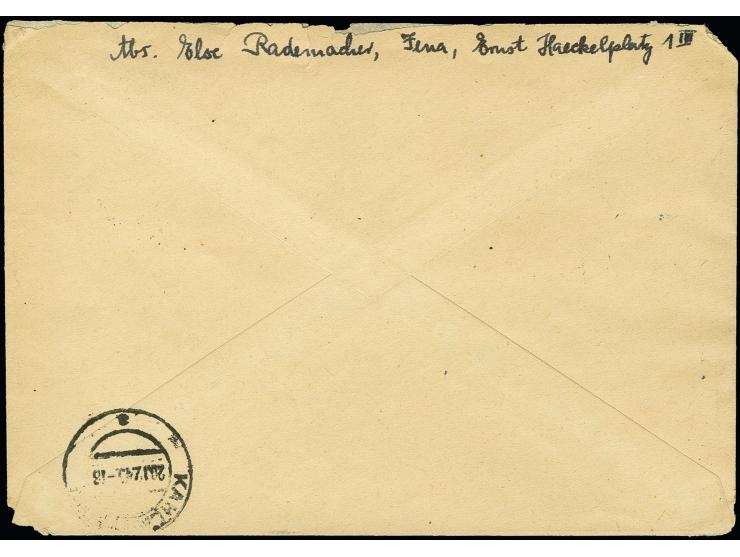 1945, Weihnachts-Block auf weißem Papier in Type III, mit Zufrankatur mit Stempel "JENA 19.12.45" auf R-Brief nach Kahla, der