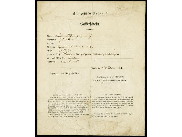 "LAISSEZ-PASSER" for an English lady retourning to London, dated "Paris le 3 février 1871", little unfresh