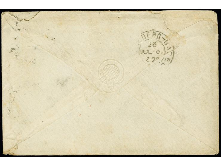 6 Kr. ultramarin und 9 Kr. rötlichbrauch mit kleinem DKr. "HEIDELBERG 26 JUL." (1867) auf kleinem Briefkuvert nach London; da