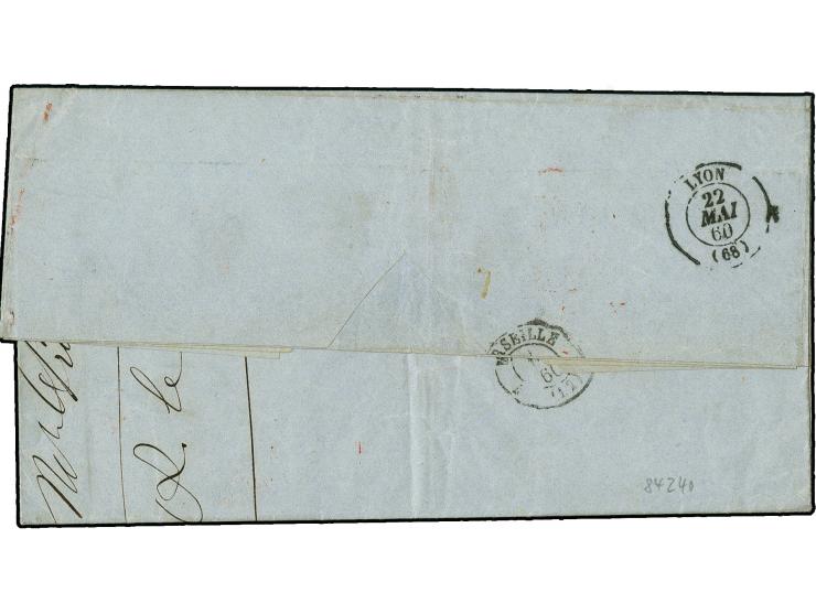 Rettimo 1860: Entire folded letter stamped with blue stunning "RETTIMO 7/5" cds and "Franco", sent to "Marseille 22.Mai.60" v