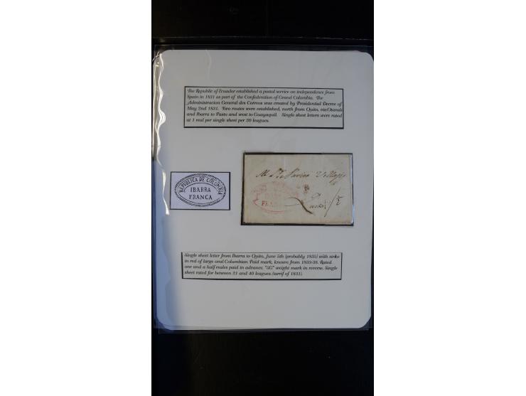 1835/65, Partie mit vier Vorphila-Briefen von Otavalo, Ybarra, Quitto und kpl. Faltbrief mit rotem Ovalstempel "IBARRA FRANCA