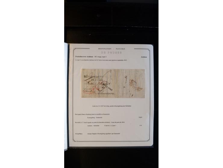 "Pruissen over Arnhem", roter Halbkreisstempel rückseitig auf zwei kpl. Faltbriefen von Libau 1817 via "KÖNIGSBERG PR: 18.FEB