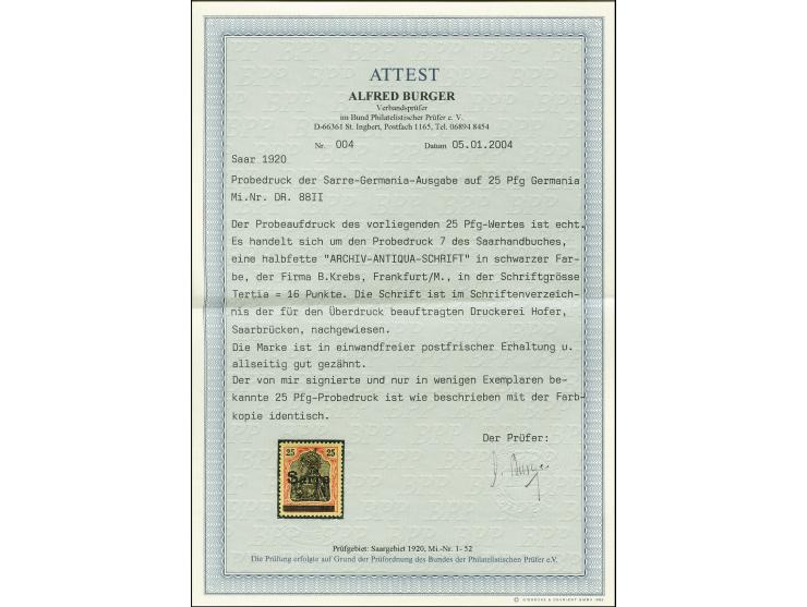 25 Pfennig Unterrandstück mit schwarzem Aufdruck "Sarre und Balken" in halbfetter Archiv-Antiqua Schrift der Fima Benjamin Kr