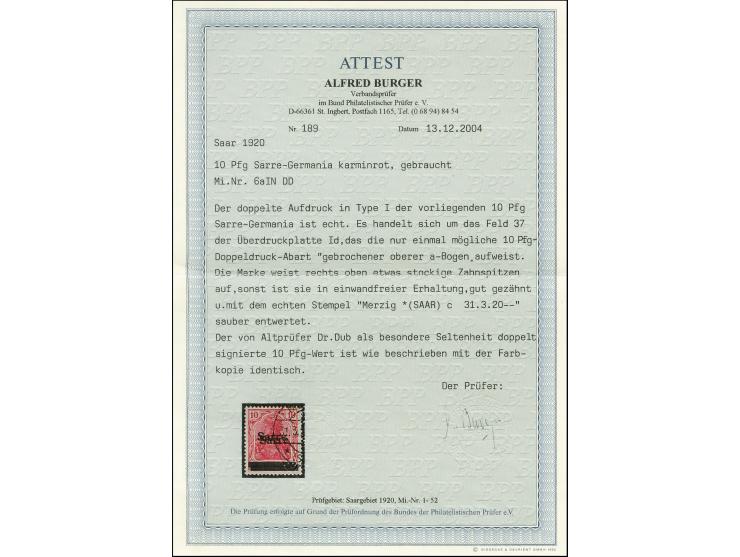 10 Pfennig dunkelkarminrot mit nur einmal möglichem Aufdruckfehler "gebrochener oberer a-Bogen", sauber gestempelt, rechts ob