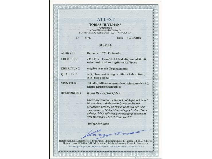 Fehldruck 30 C. auf 40 M. mit rotem Aufdruck, sauber ungebraucht, oben zwei minimal verkürzte Zahnspitzen, sonst tadellos, se