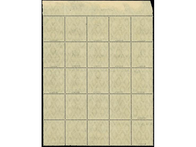 15 Pfennig violettblau mit Netzunterdruck und 5 bzw. 20 Mark als Probeaufdrucke in grün im 25er-Oberrandblock, dabei die link