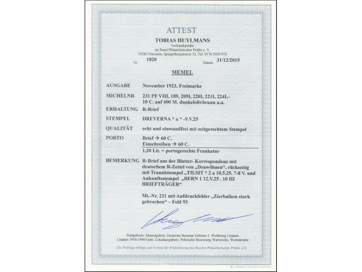 15 C. auf 25C. zinnoberrot mit Aufdruckfehler "Zierbalken stark gebrochen" zusammen mit 10 C. auf 400 M. und 25 C. auf 1000 M