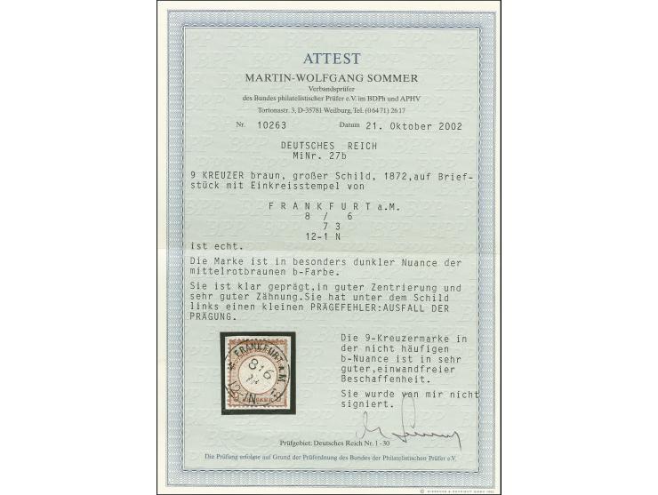 9 Kr. lilabraun, farbfrisch in schöner dunkler Nuance, gut zentriert und geprägt und sehr gut gezähnt, unter dem Schild links