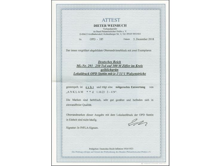 STETTIN: 250 Tausend auf 300 M. grün, Walze "1'11'1" mit großen Zahlen im Oberrandviererblock, sauber gestempelt, tadellos, s