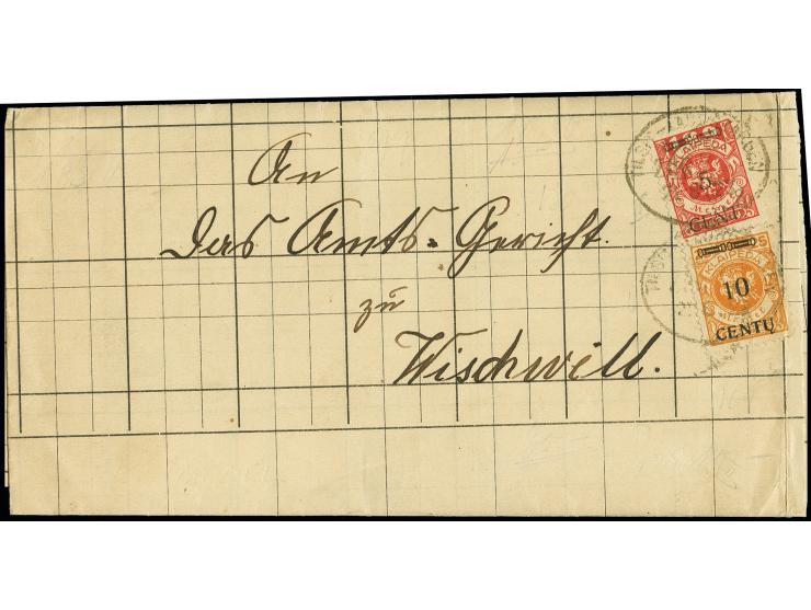 "TILSIT LAUGSZARGEN ZUG 2?.8.23" auf 5C. auf 100M. und 10C. auf 25M. auf Faltbriefhülle an das Amtsgericht in Wischwill, ein 