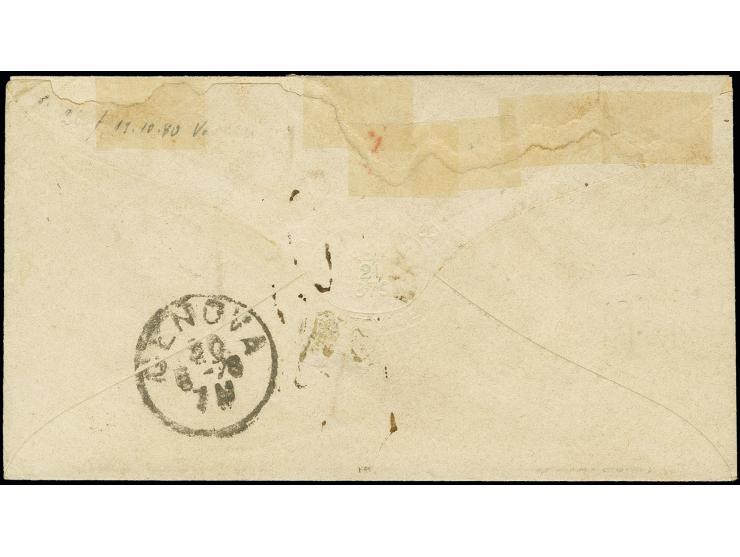 1877, Numerals 10c. red tied by barred cancel to cover endorsed "vap La France" to Genoa with boxed "FUERA DE HORA" alongside