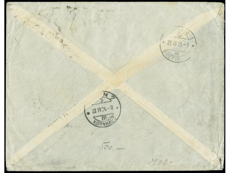 15C. auf 50M. auf 25C. dunkelzinnoberrot mit guter Zufrankatur mit Stempel "KLAIPEDA 17.IV.24" auf R-Brief nach Bern, Zufrank