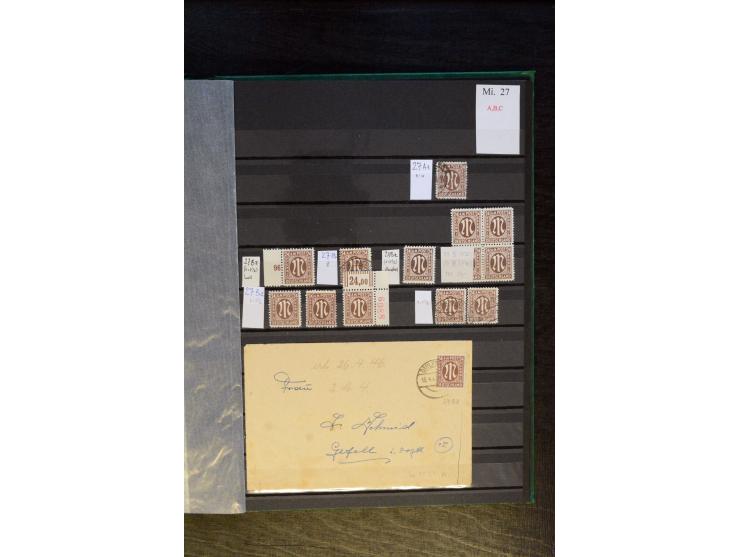 1945/46, kleine Spezial-Sammlung "AM-Post" mit Einheiten, Marken mit Bogenrändern inkl. Platten- und Bogenzählnummern und wei