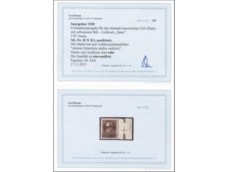 3 Pfennig mit Aufdruckfehler "obere Gitterlinie rechts verkürzt", Randstück, postfrisch, tadellos, signiert Dr. Dub und Fotob