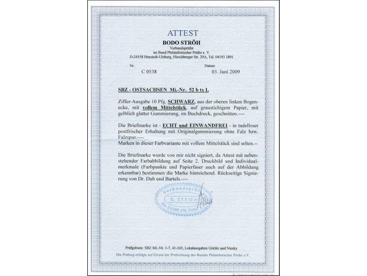 10 Pfg. schwarz mit vollem Mittelstück aus der linken oberen Bogenecke, postfrisch, tadellos, sign. Dr. Dub und Bartels und F