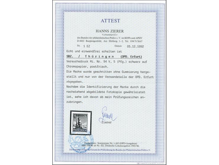 5 Pfg. Probedruck schwarz, geschnitten auf Chromopapier ohne Gummierung, tadellos, sehr selten, Fotoattest Zierer BPP (1992) 