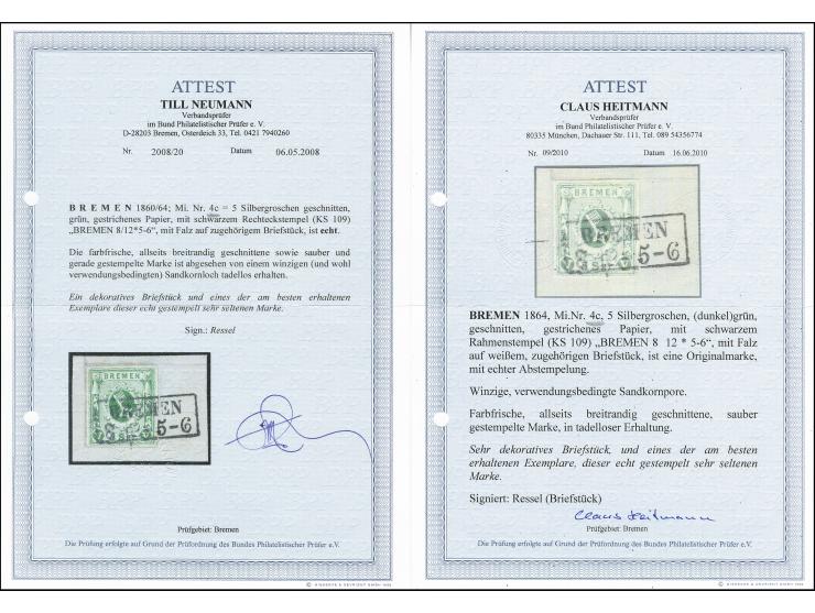 5 Sgr. dunkelgrün auf gestrichenem Papier, farbfrisch und allseots breitandig geschnitten, sauber und gerade mit Stempel "BRE