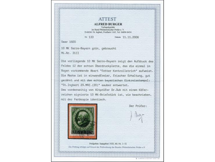 10 M. mit Aufdruckabart „fetter Kontrollstrich“ (Feld 12), sauber mit Stempel „ST.INGBERT 29.MRZ.“ auf Briefstück, tadellos, 