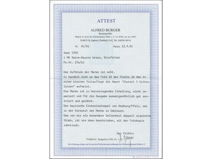 1 M. braun mit Aufdruckabart „2 ½ statt 5 Gitterlinien über BAYERN“ (Feld 22), sauber mit Stempel „HOMBURG 24.MRZ.20“ auf Bri