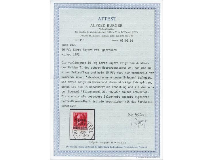 10 Pfg. rot mit Aufdruckfehler „unterer Bogen des S abgebrochen“, sauber mit Stempel „BLIESKASTEL 21.MÄR.20“ auf Briefstück, 