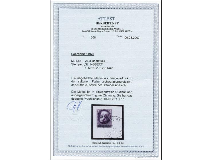 2 M. schwarzgrauviolett mit Stempel „ST.INGBERT 5.MRZ.20“ auf Briefstück, tadellos, sehr schönes Exemplar dieser seltenen Far