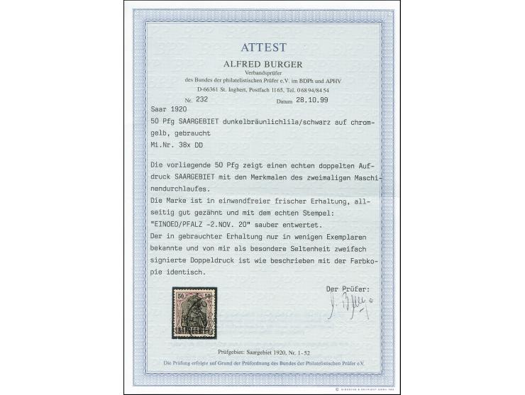 50 Pfg. dunkelbräunlichlila/schwarz auf chromgelb mit doppeltem Aufdruck, gestempelt, tadellos, doppelt sign. Burger BPP mit 