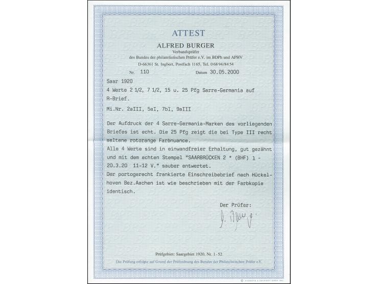 25 Pfg. rotorange/schwarz auf gelbweiß, Type III mit Stempel „SAARBRÜCKEN 2 20.3.20“ auf R-Brief mit portogerechter Zufrankat