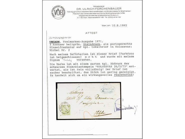 3 kr. green, fresh colour and perfect perforation, tied by cds. “KOLOZSVAR 26.3.73” to local entire letter, slightly cleaned,